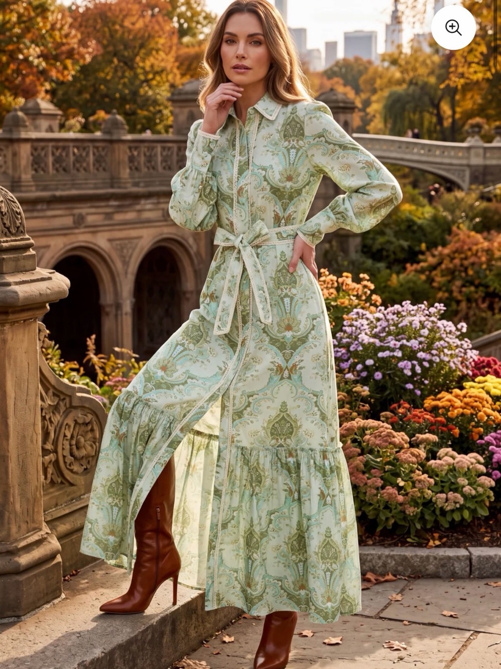 Trish Scully Green Paisley Long Sleeve Shirt Dress with Tie Waist - Worn Once